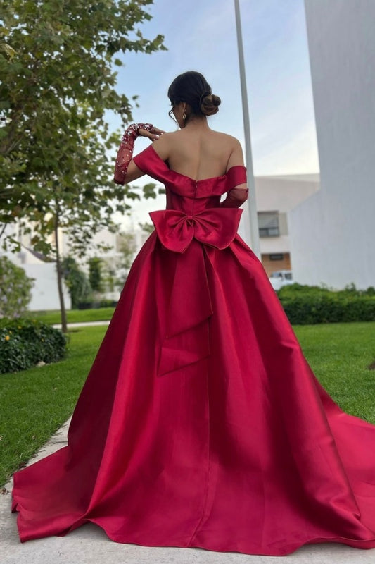 Burgundy Off-the-Shoulder A-Line Prom Dress Long Slit with Beaded Gloves