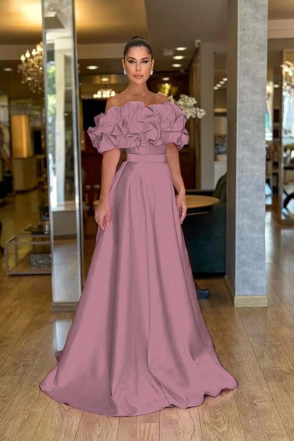 Lovely Pink Off-The-Shoulder Prom Dress With Handmade Flower