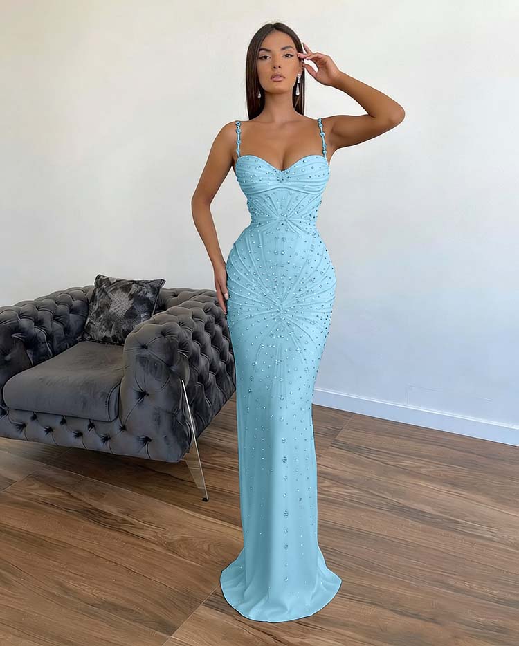 Chic Sleeveless Mermaid Beading Spaghetti Strap Black Prom Dress