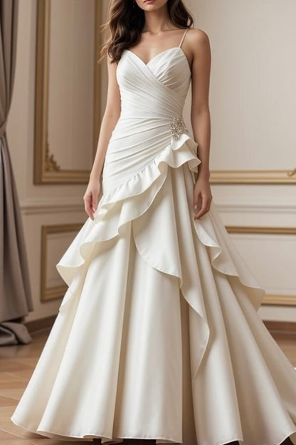 White Sleeveless Spaghetti Straps V-Neck A Line Prom Dress With Pleated