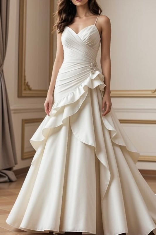 White Sleeveless Spaghetti Straps V-Neck A Line Prom Dress With Pleated