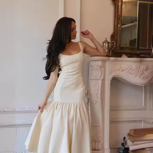 Vintage Mermaid Square Neckline White Ruffles Long Prom Dress Formal Dresses P2476