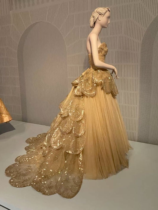 A-line Strapless Tulle Sequined Long Ball Gown HZ1024