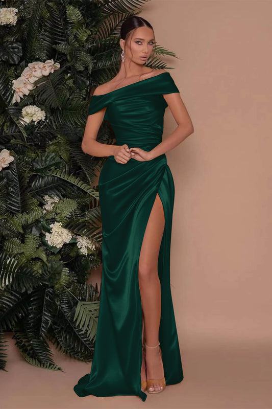 Champagne Off The Shoulder Prom Dress Charmeuse Slit Mermaid