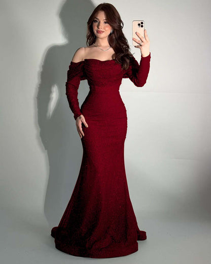 Glamorous Off-The-Shoulder Long Sleeves Beads Mermaid Prom Dress