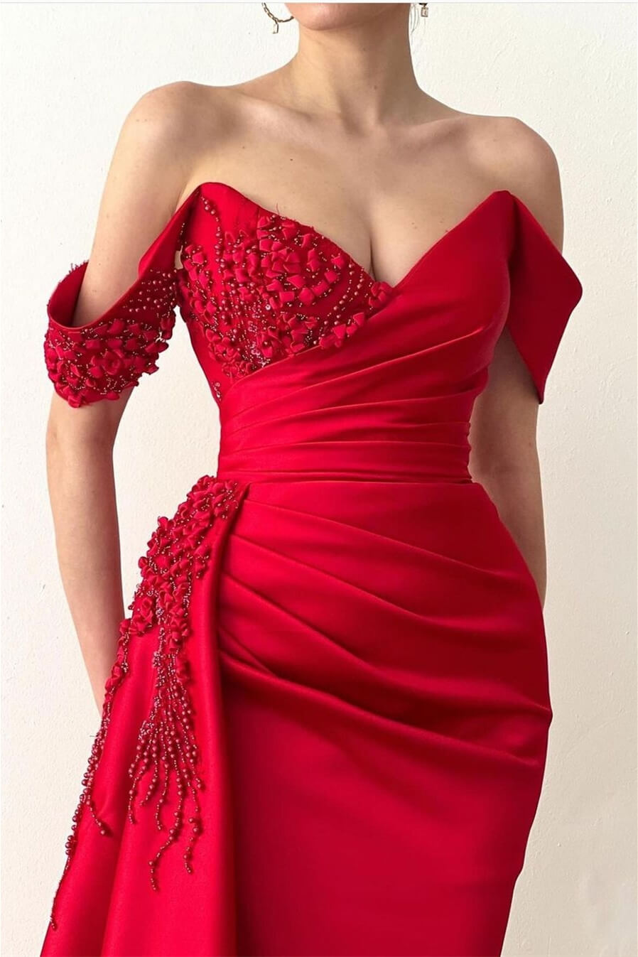 Beadings V-Neck Off-The-Shoulder Prom Dress Long With Ruffles Mermaid Red