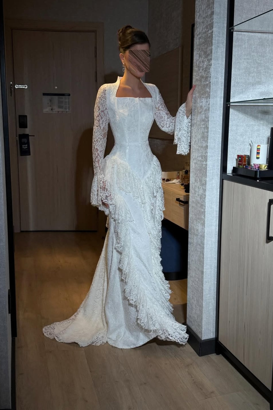 White Long Sleeves Square Ruffles Evening Dress With Lace