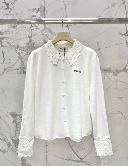 Miumiu 2025 Hollow-Out Crochet Collar Age-Defying Knit Cardigan Wool