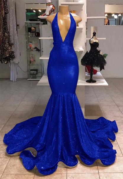 V-Neck Mermaid Evening Dress Halter With Sequins