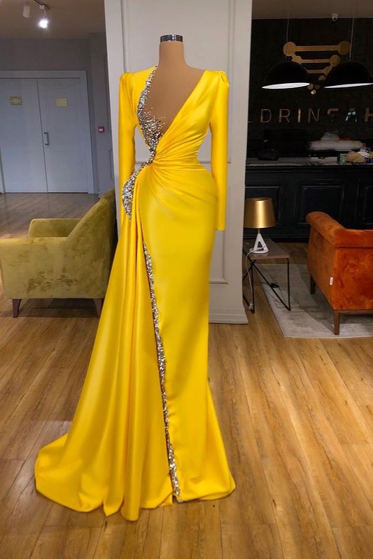 Long Sleeves Yellow Prom Dress With Beads Sequins