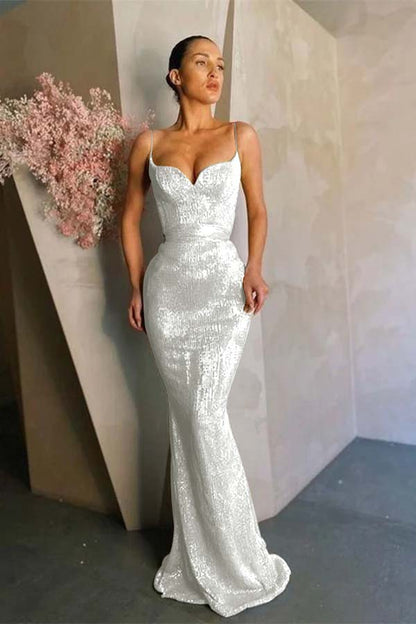 Mermaid Spaghetti-Straps Sequins Prom Dress Long