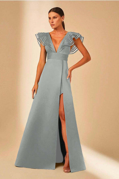 Charming Satin Spaghetti Strap Sleeveless V Neck Long Prom Dress with Split