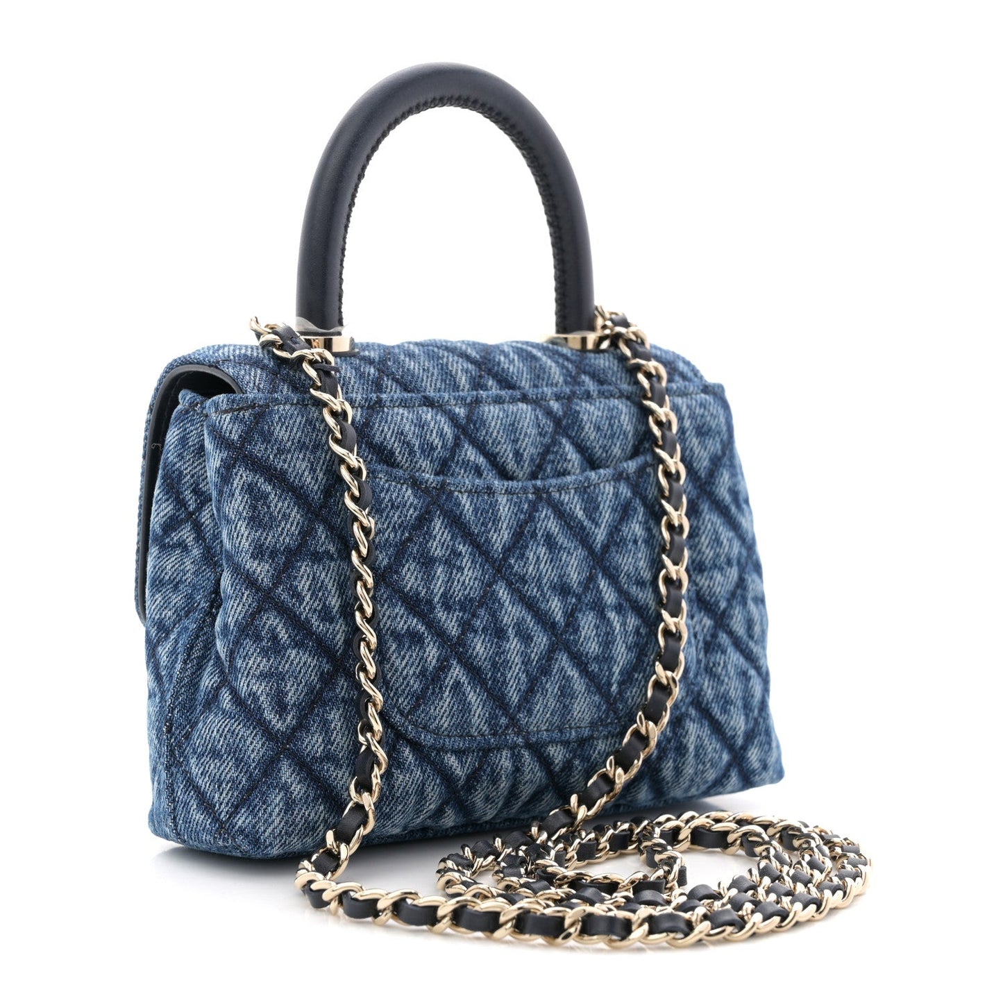 Washed Denim Quilted Coco Handle Clutch With Chain Blue