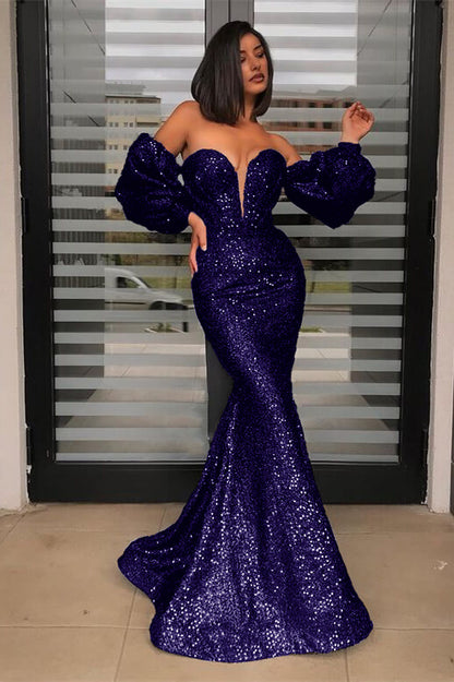 Detachable Sleeves Black Sweetheart Sequins Prom Dress Mermaid