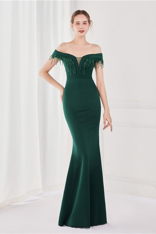 Dark Green V-Neck Mermaid Off-The-Shoulder Evening Dress With Appliques Tassel