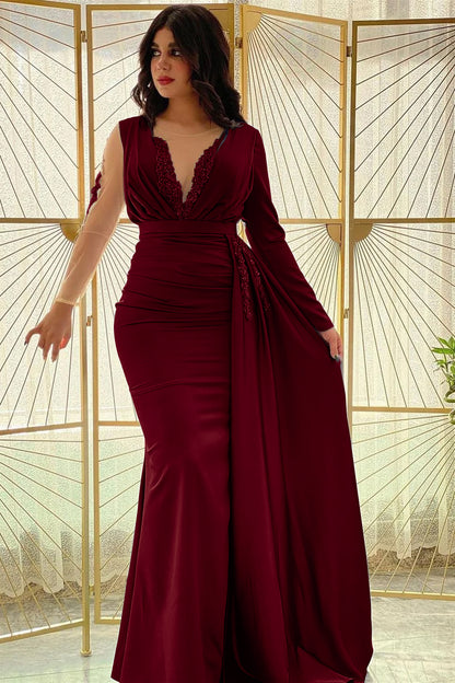 Mermaid Long Sleeves Prom Dress Slit With Ruffle