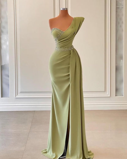 Green Sleeveless One-Shoulders Strap Beads Mermaid Prom Dress