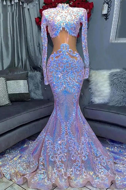 Long Sleeves High Neck Mermaid Prom Dress With Sequins Lace