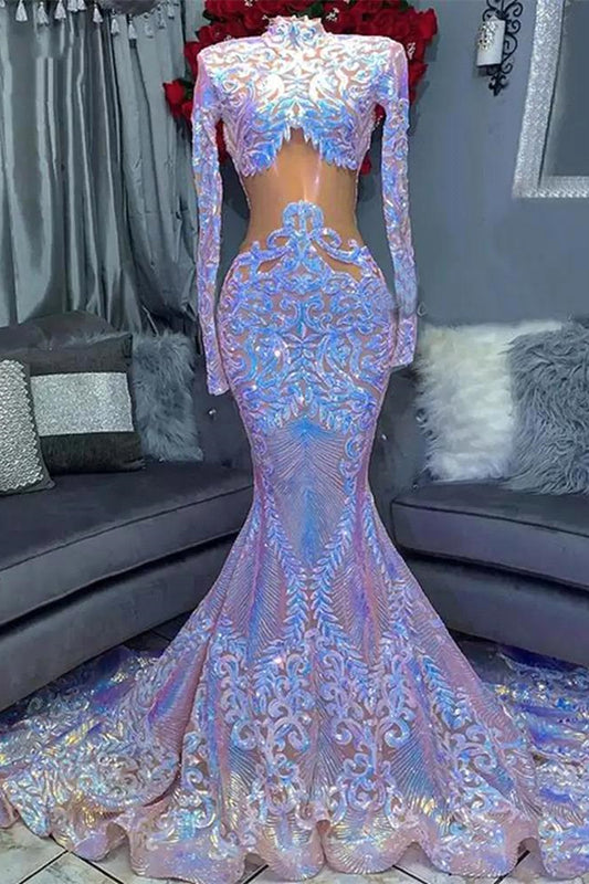 Long Sleeves High Neck Mermaid Prom Dress With Sequins Lace
