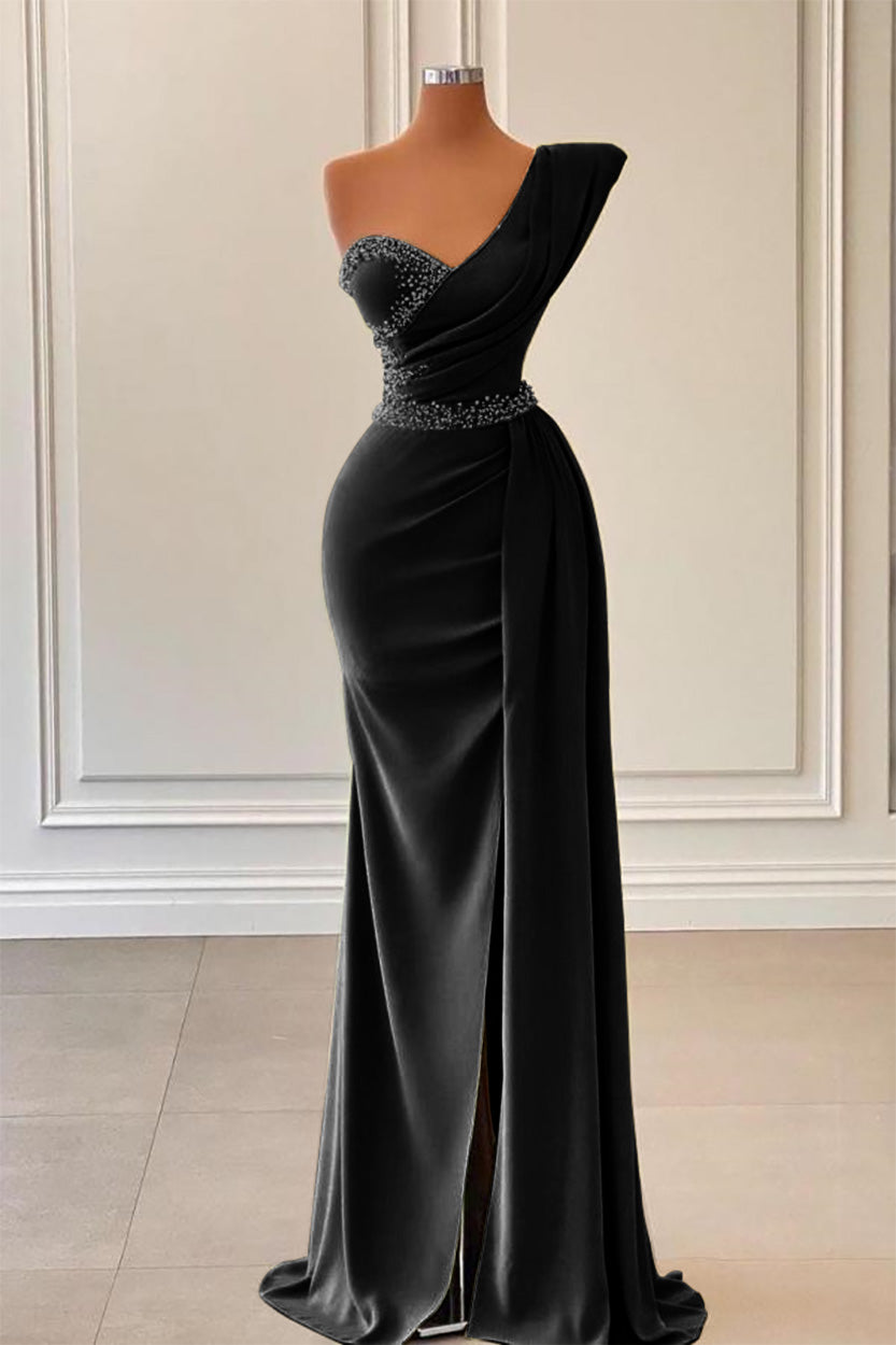 Sage Mermaid One-Shoulder Prom Dress Slit With Beadings