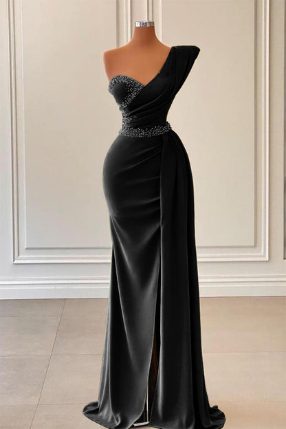 Sage Mermaid One-Shoulder Prom Dress Slit With Beadings
