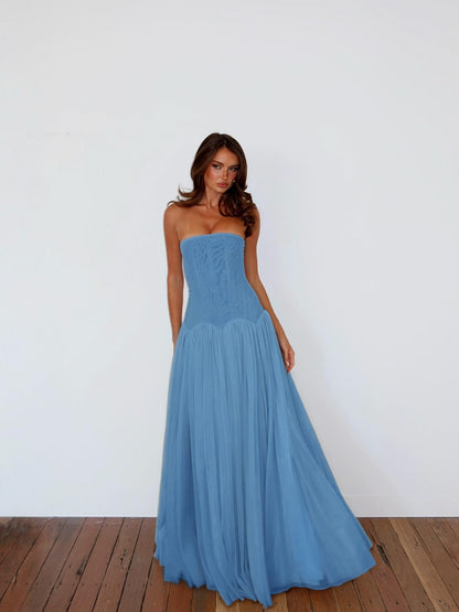 Charming Straight Across Sleeveless Pleated Tulle Evening Dress