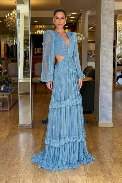 Elegant Blue Chiffon V Neck Ruffles Long Sleeves Prom Dress with Pleated
