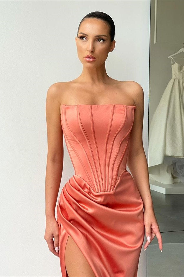 Strapless Slit Long Prom Dress Evening Party Gowns