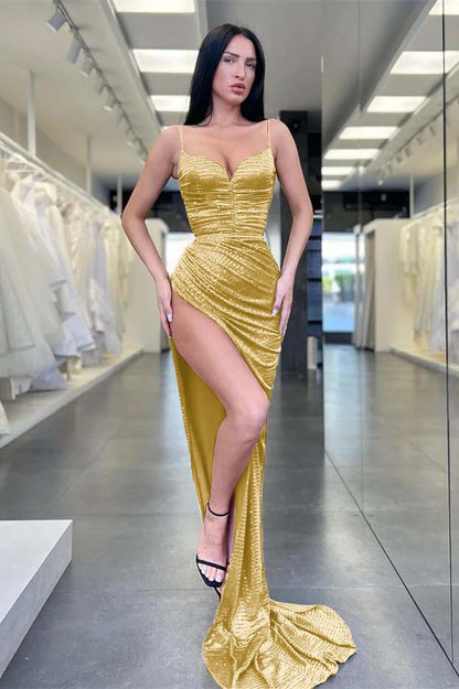 Spaghetti-Straps Sequins V-Neck Sleeveless Mermaid Evening Dress With Split