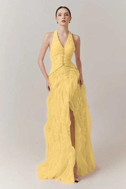 Blushing Pink Halter Strap Pleated V-Neck Split Evening Dress With Beads