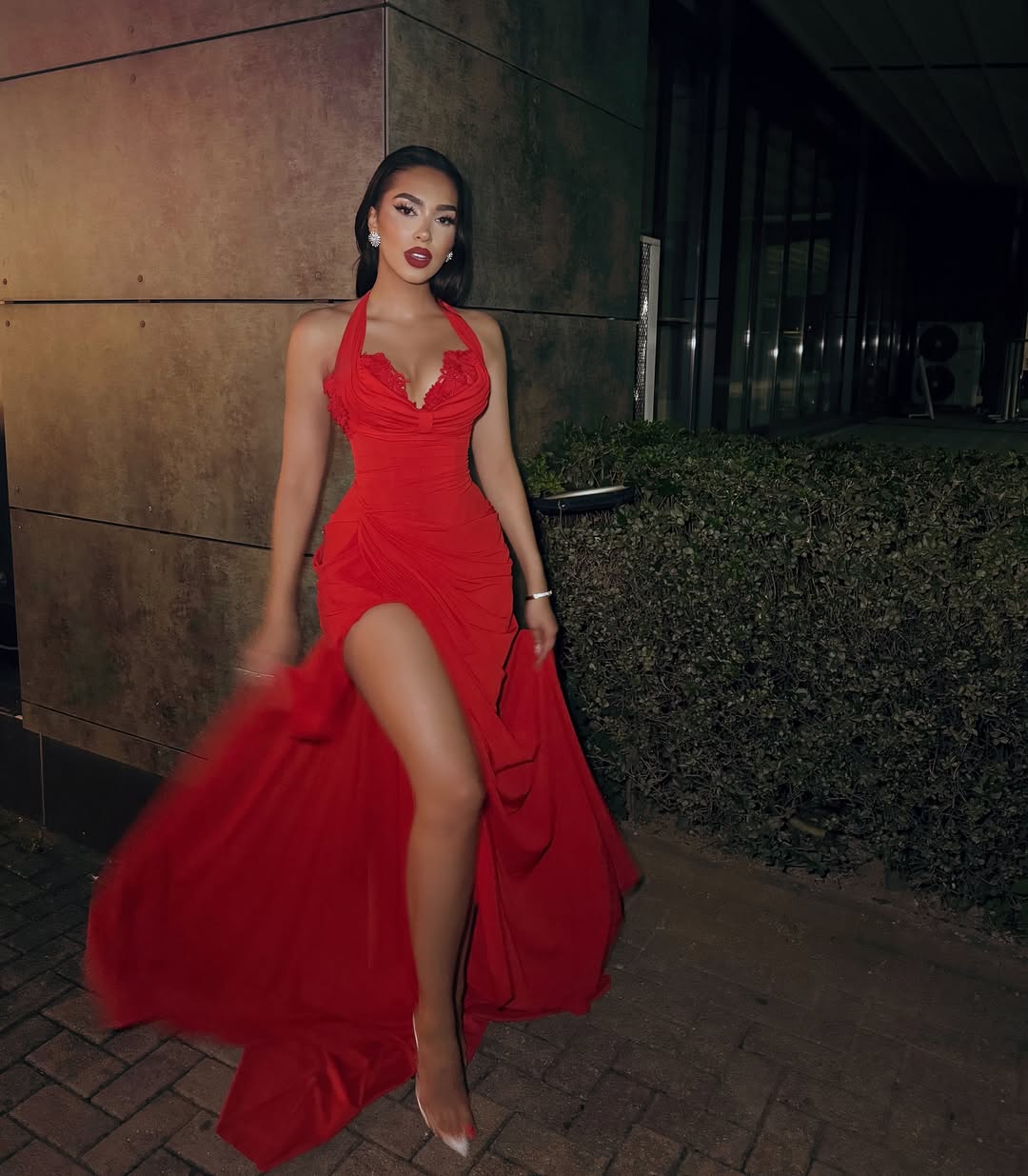 Red Sleeveless Halter Straps Slit Deep V-Neck Prom Dress