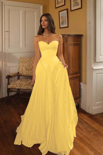 White A Line Strapless Sleeveless Long Dress with Pleated