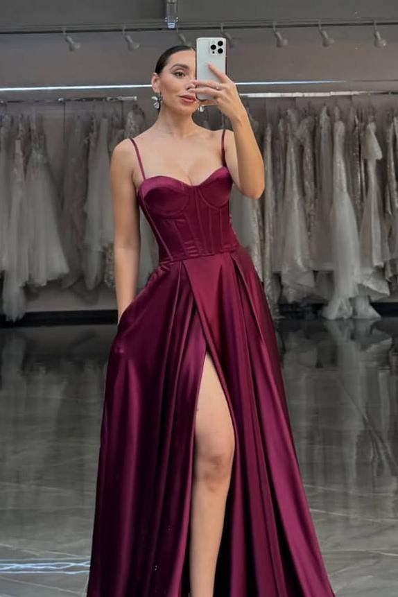Chic Burgundy Satin Sleeveless Spaghtti Strap Sweetheart Prom Dress with Split