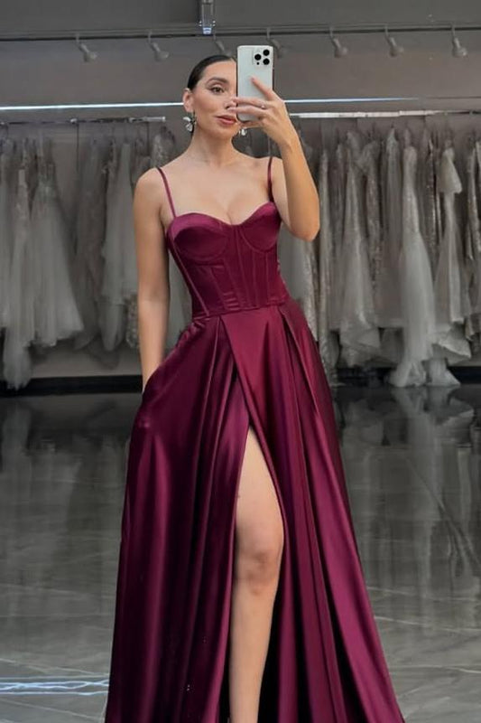 Chic Burgundy Satin Sleeveless Spaghtti Strap Sweetheart Prom Dress with Split