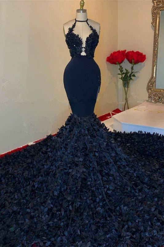Halter V-Neck Mermaid Prom Dark Navy Dress With Applique