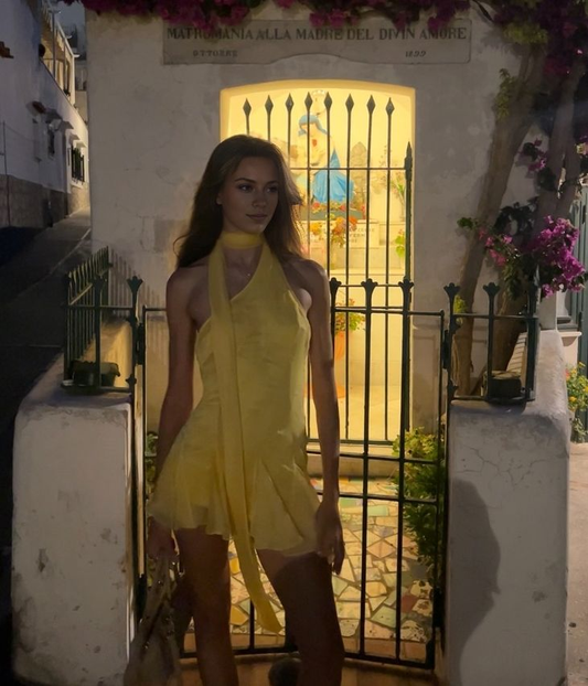 Simple Halter Yellow Short Prom Dress Chiffon Homecoming Dress Graduation Dress S465