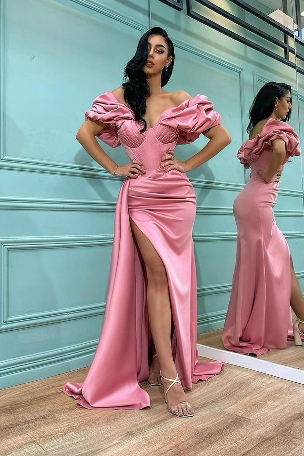 Pink Mermaid Off-the-Shoulder Slit Prom Dress