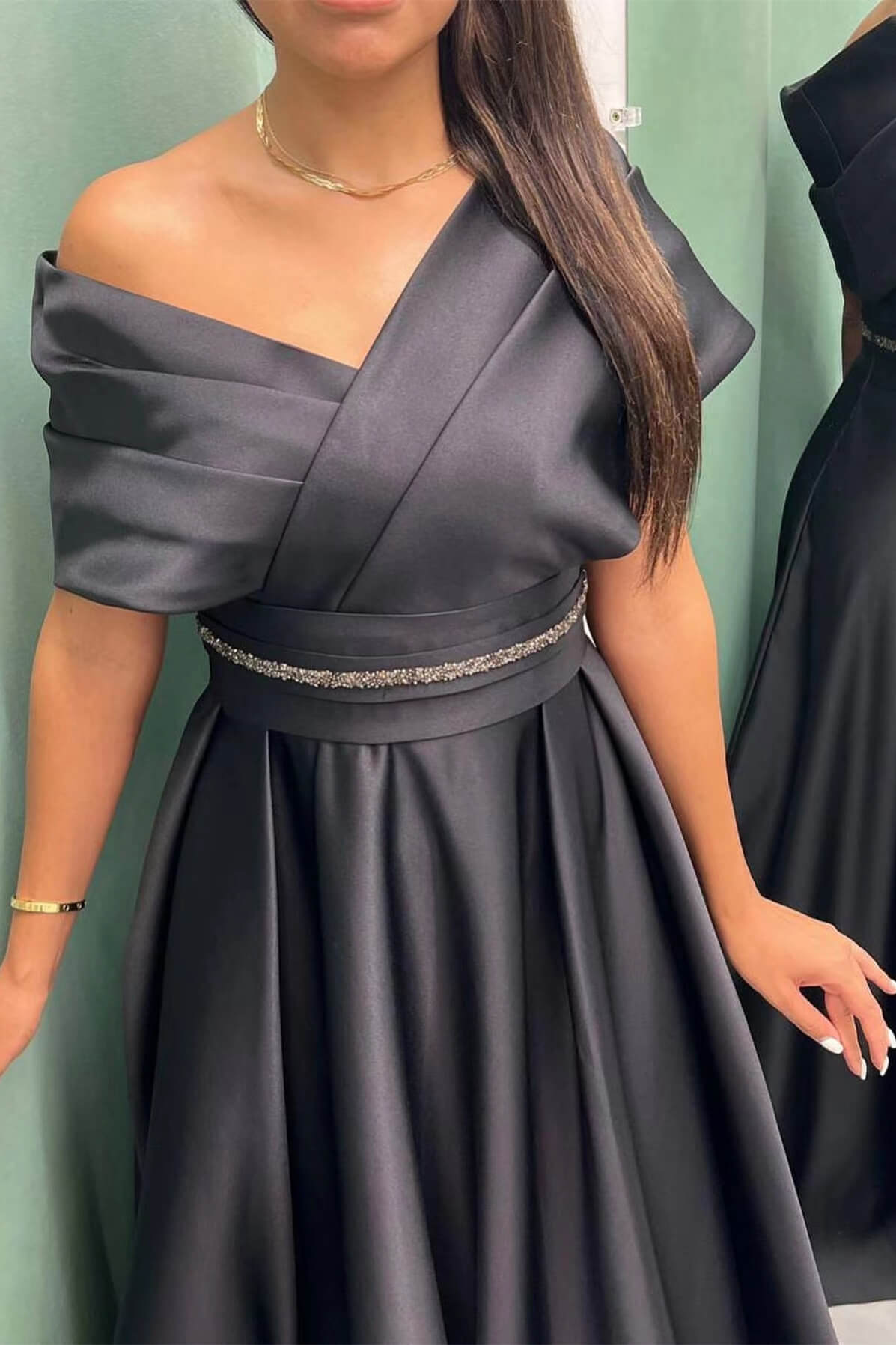 Elegant Long Evening Dress Pleat Off-The-Shoulder