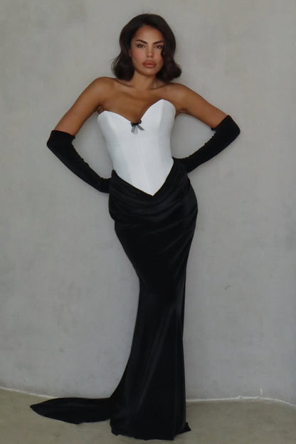 Black And White Sleeveless Strapless V Neck mermaid Long Prom Dress With Gloves