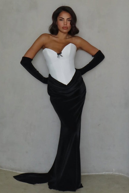 Black And White Sleeveless Strapless V Neck mermaid Long Prom Dress With Gloves
