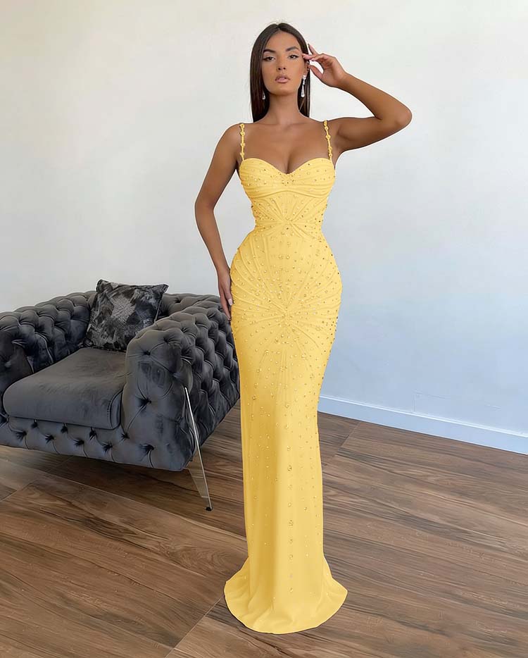 Chic Sleeveless Mermaid Beading Spaghetti Strap Black Prom Dress