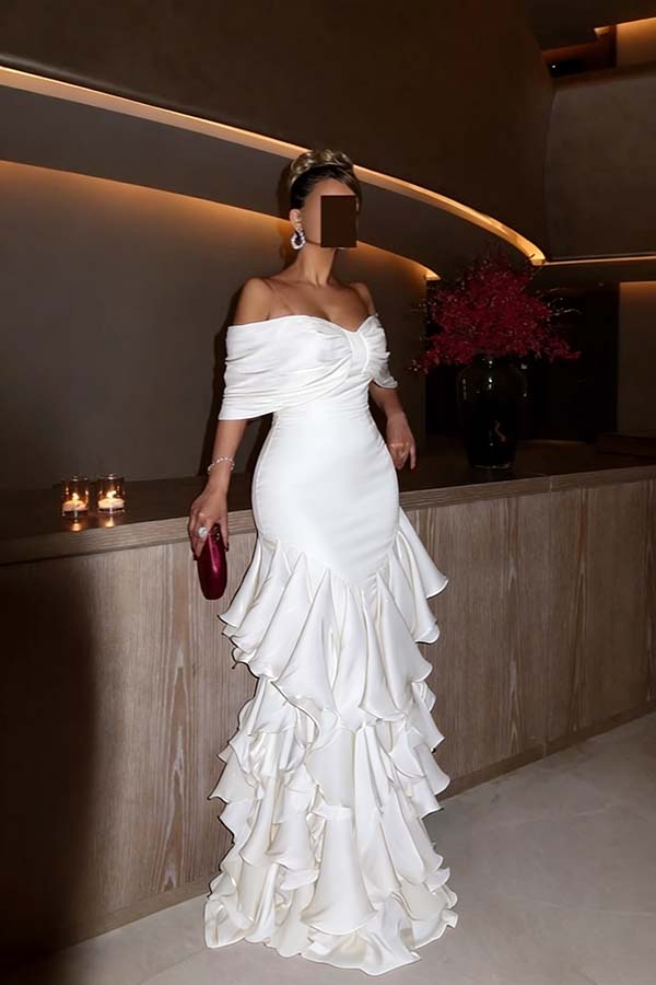 Glamorous Orchid Off the Shoulder Ruffles Evening Dress with Pleated