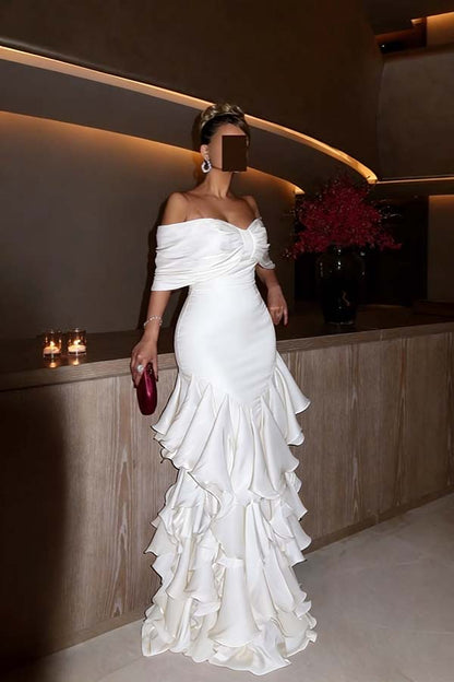 Glamorous Orchid Off the Shoulder Ruffles Evening Dress with Pleated