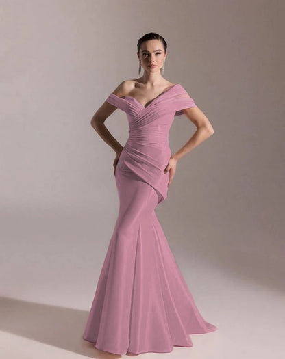Classic Blushing Pink Off-The-Shoulder Mermaid Pleated Evening Dress