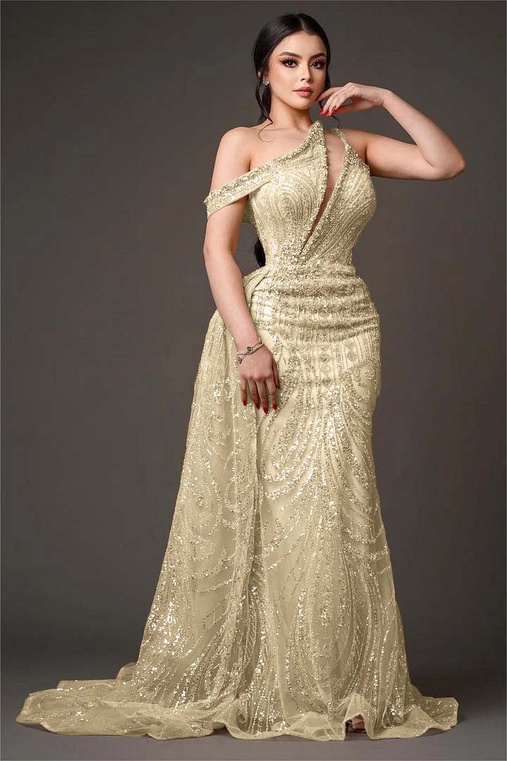 One-Shoulder Sleeveless Beaded Embroidery Mermaid Prom Dress