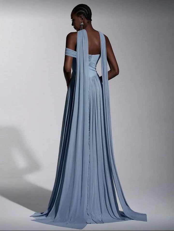 Dusty Blue One Shoulder Sweetheart Evenign Dress in Chiffon With Split