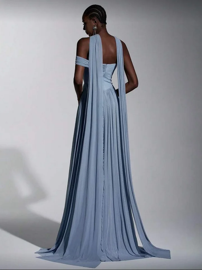 Dusty Blue One Shoulder Sweetheart Evenign Dress in Chiffon With Split