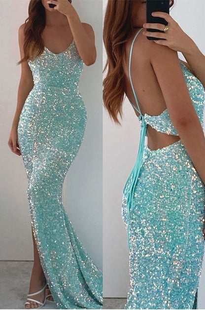 Spaghetti-Straps Split V-Neck Long Mermaid Prom Dress With Sequins