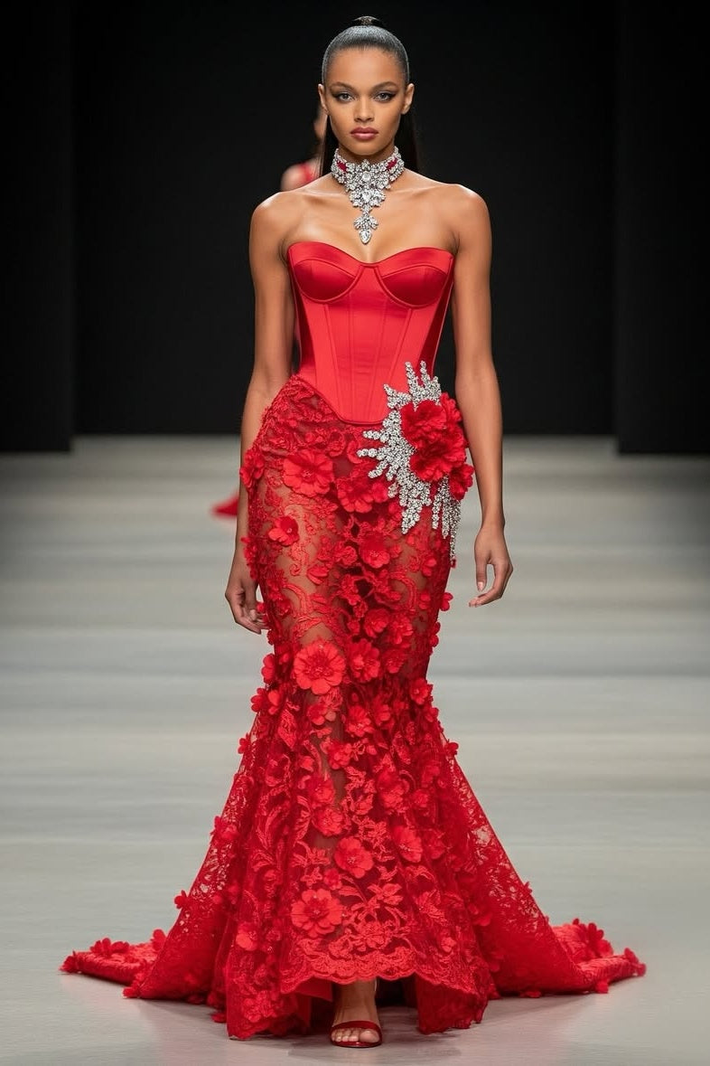 Red Sleeveless Strapless Mermaid Sweetheart Prom Dress With Handmade Flower