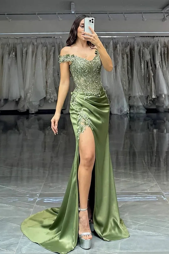 Green Sleeveless Off-Shoulders Mermaid Embroidery Prom Dress